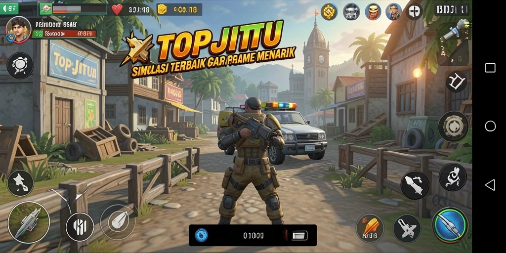 Screenshot utama TOPJITU menampilkan gameplay simulasi yang interaktif.